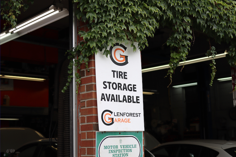 A sign stating tire storage is available in Toronto